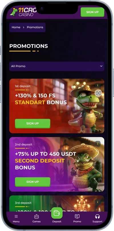 11croco casino promo phone screen