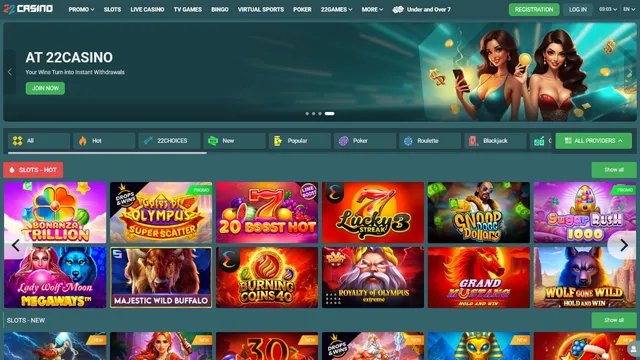22casino casino website screen