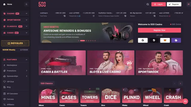 500 casino website screen