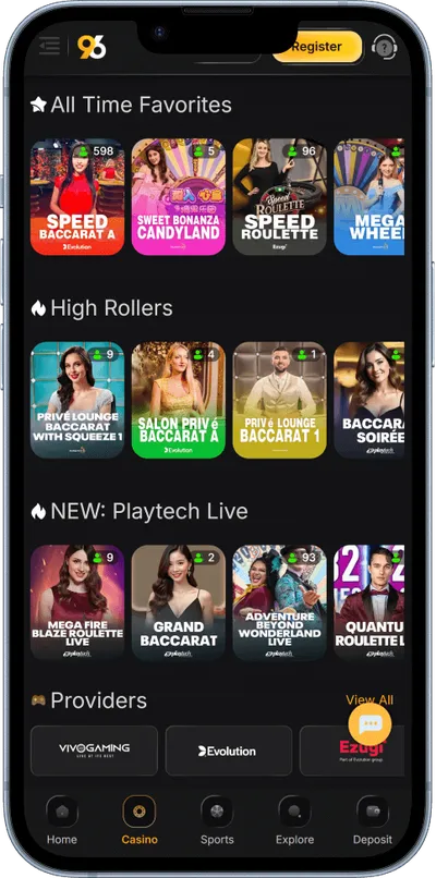 96 Casino pnone screen games