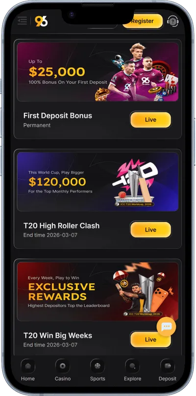 96 Casino pnone screen promotions