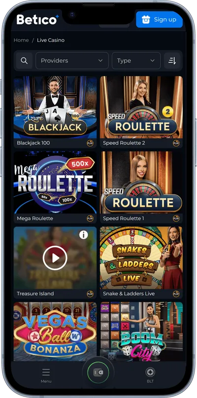Betico casino live games phone screen