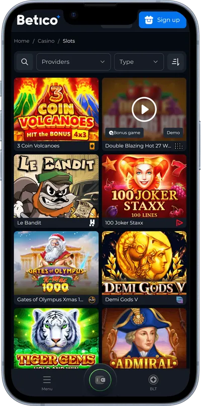 Betico casino slot games phone screen