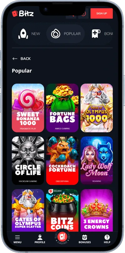 Bitz Casino phone screen popular games