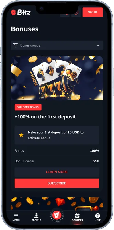 Bitz Casino phone screen promotions