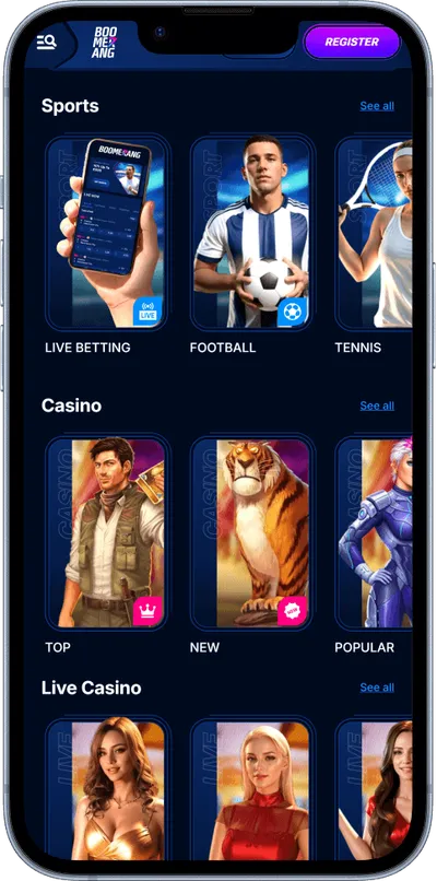 Boomerang Bet Casino phone screen sports