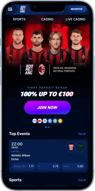 Boomerang Bet casino phone screen main