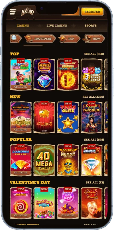 Lizaro casino phone screen top games
