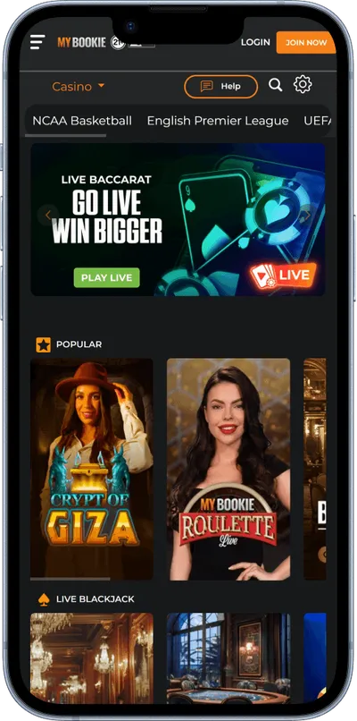 MyBookie Casino phone screen live games