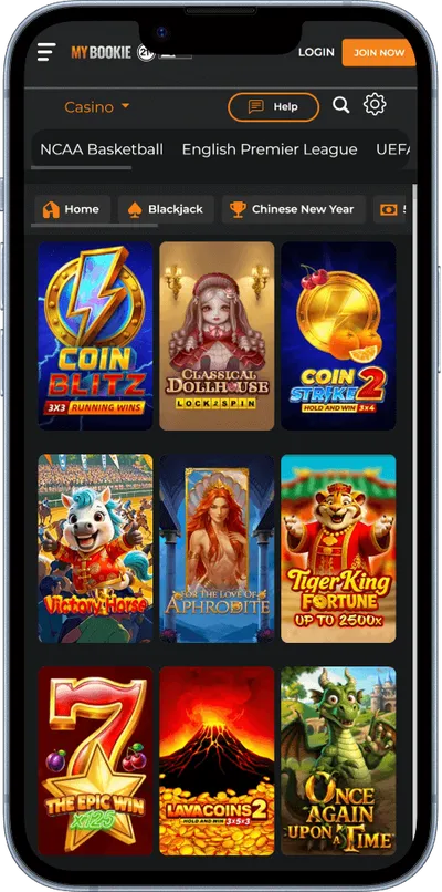 MyBookie Casino phone screen slots
