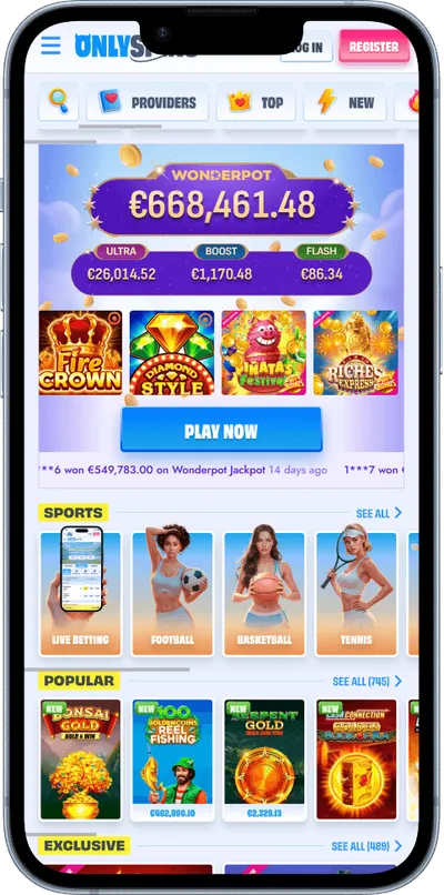 Onlyspins Casino phone screen main offer