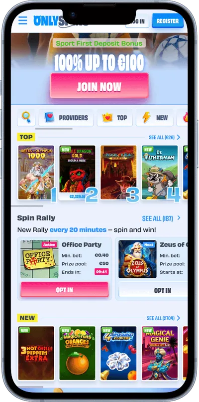 Onlyspins Casino phone screen top games