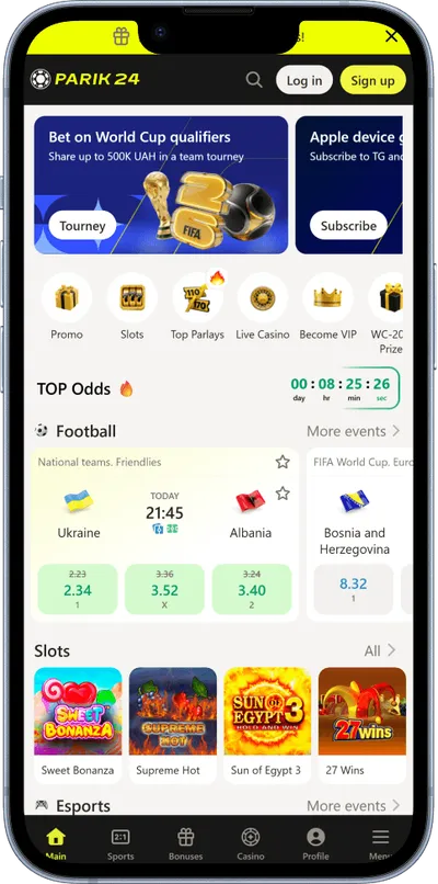 Parik24 casino phone screen top