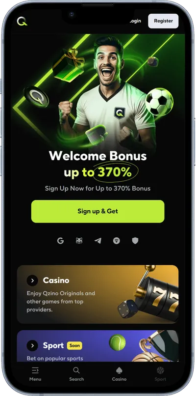 Qzino Casino phone screen main offer