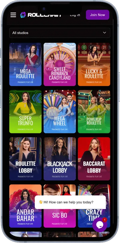 Rollchain Casino phone screen live games