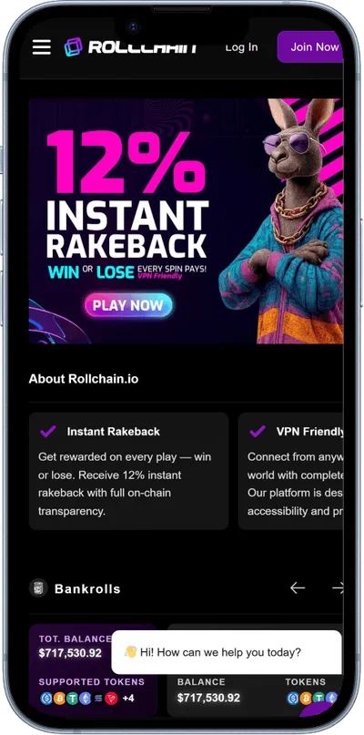 Rollchain Casino phone screen main