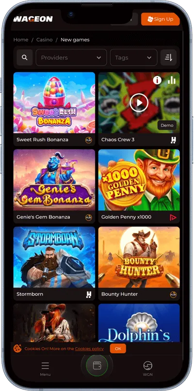 Wageon Casino phone screen casino games