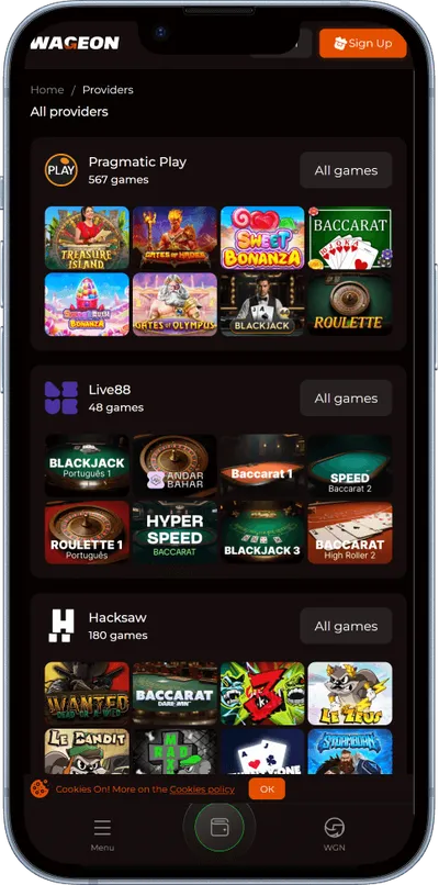 Wageon Casino phone screen games