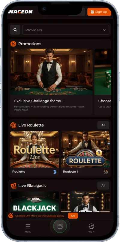 Wageon Casino phone screen live dealer