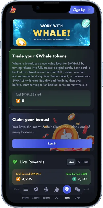 Whale.io Casino phone screen promo
