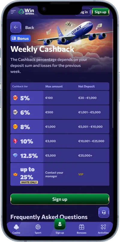 WinAirlines Casino phone cashback