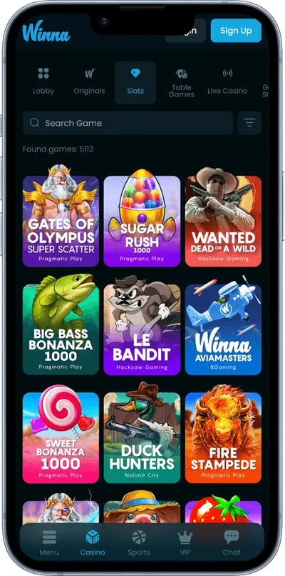 Winna Casino phone screen slots