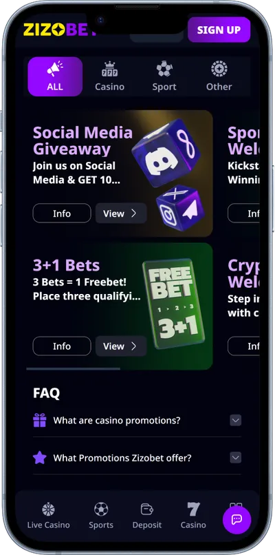 Zizobet Casino phone screen promotions