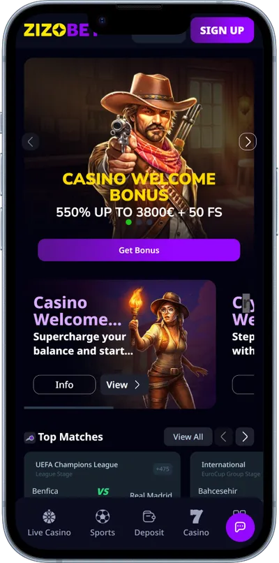 Zizobet Casino phone screen welcome bonus