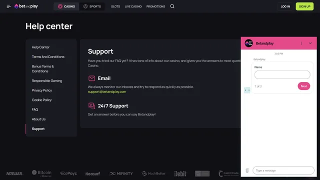 betandplay casino support