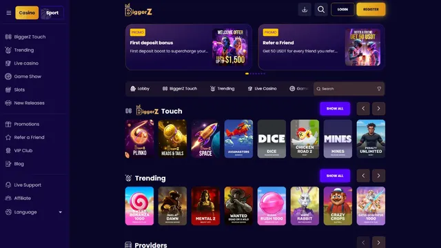 biggerz casino website screen