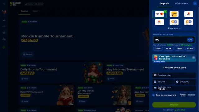 billionairespin casino deposit