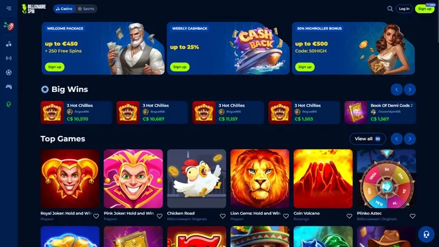 billionairespin casino website screen