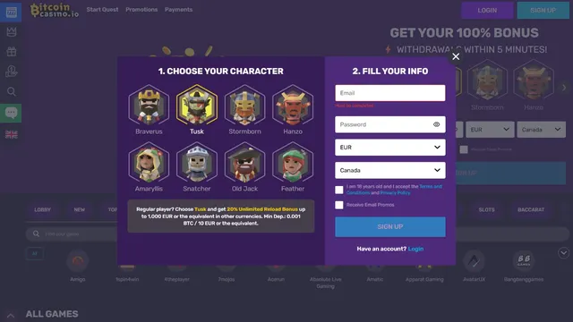 bitcoin casino registration