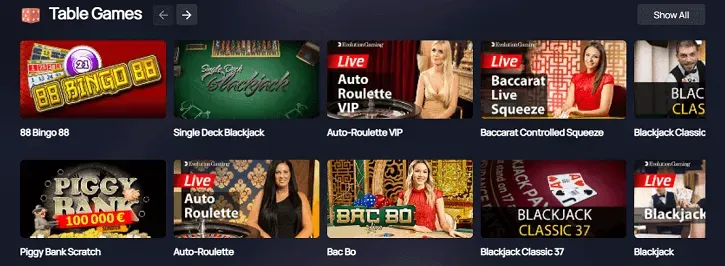 bitspin casino table games