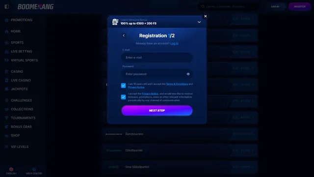 boomerang bet casino registration