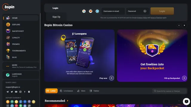 bspin casino website screen