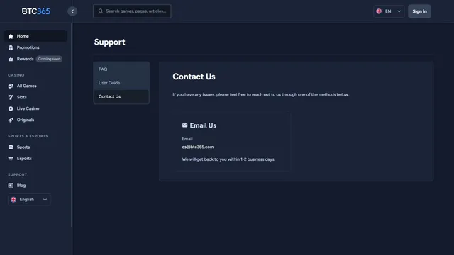 btc365 casino support