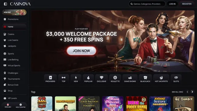 casinova casino website screen