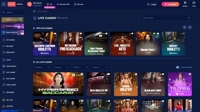 celsius casino live games