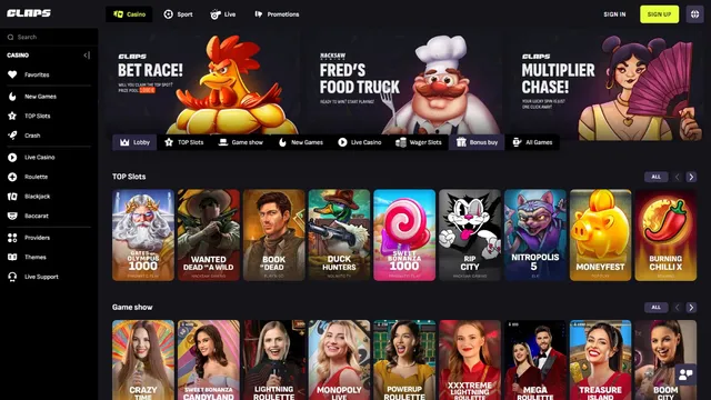 claps casino website screen