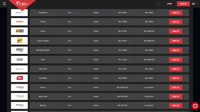 cobra casino deposit