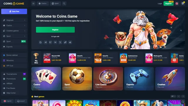 coins.game casino website screen