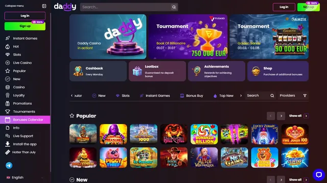 daddy casino website screen