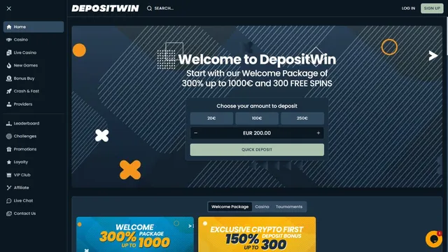 depositwin casino website screen