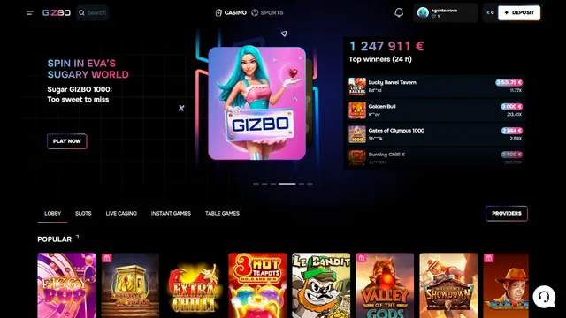 gizbo.casino website screen