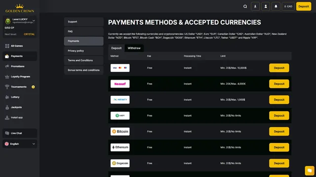 goldencrown casino payments