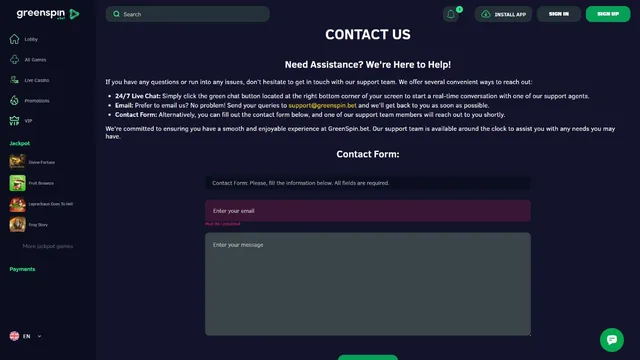 greenspin.bet casino support