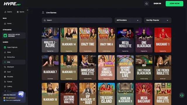 hype casino live games