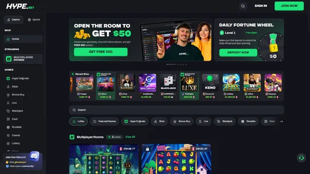 hype casino website screen