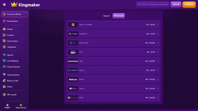 kingmaker casino payments